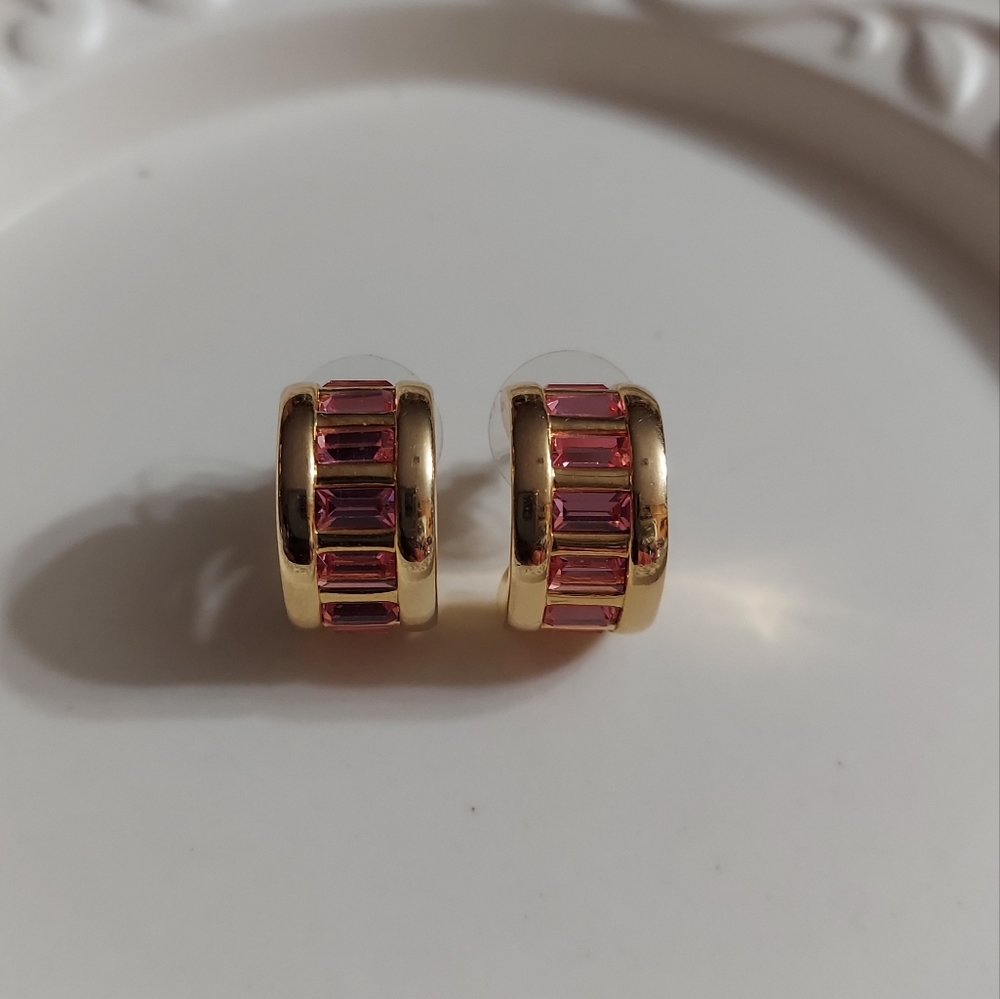 Nolan Miller Textured Gold/Faceted Pink Channel Set Cut Crystal Hugger Earrings